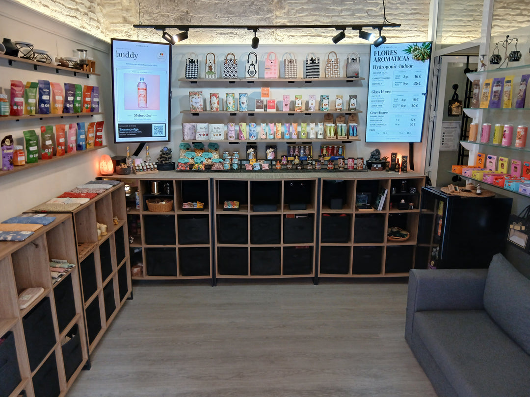 Vista del interior de la tienda Crysalidas en Sevilla, con estanterías de productos y sofá